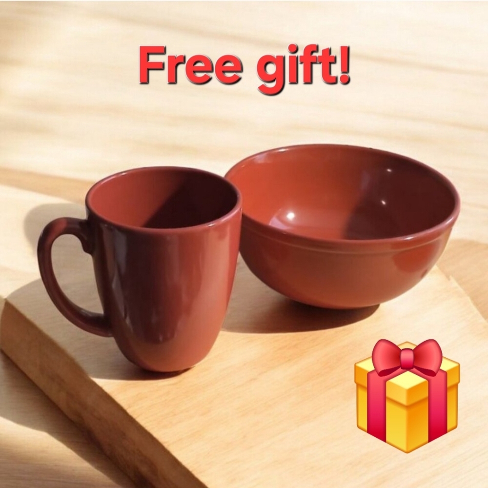 🎁Free ADD-ON/ One person ceramic glazed pottery bowl and mug set in red